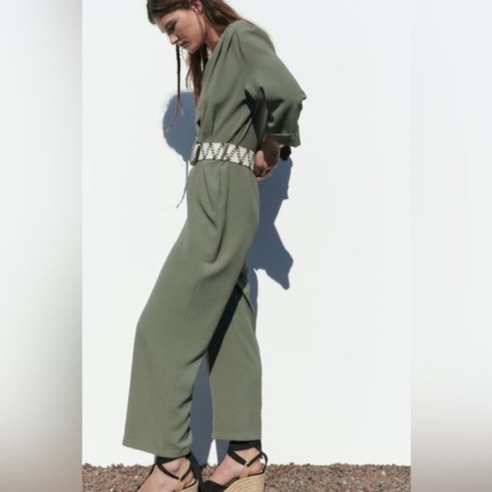 New With Tag Zara Belted Straight Leg Jumpsuit Khaki Size S